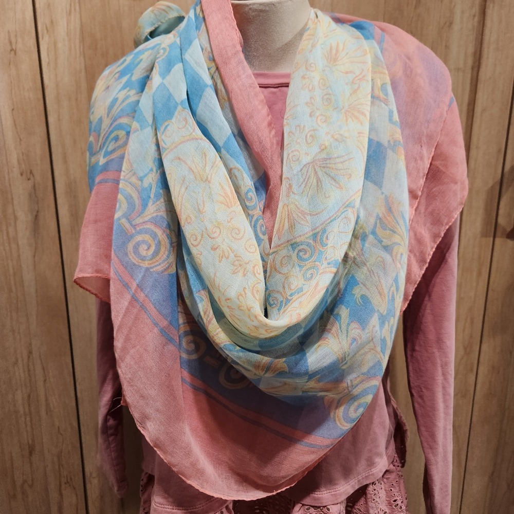 Sheer Lightweight Scarf Blue Pink Checkerboard Floral Print